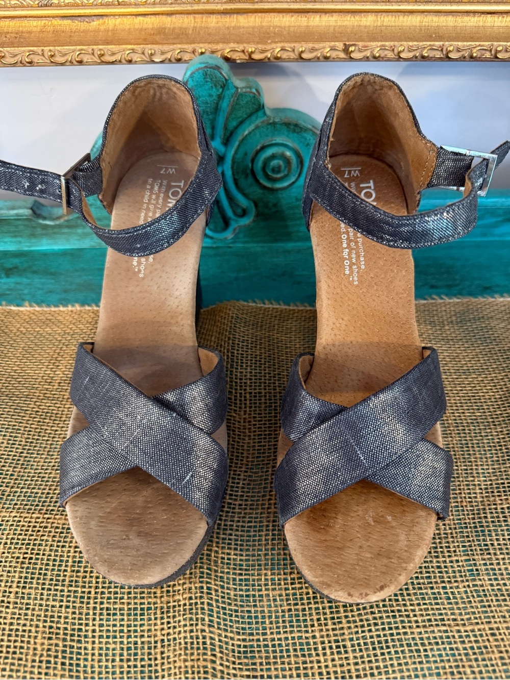 TOMS Women’s Black Metallic Wedge Sandals